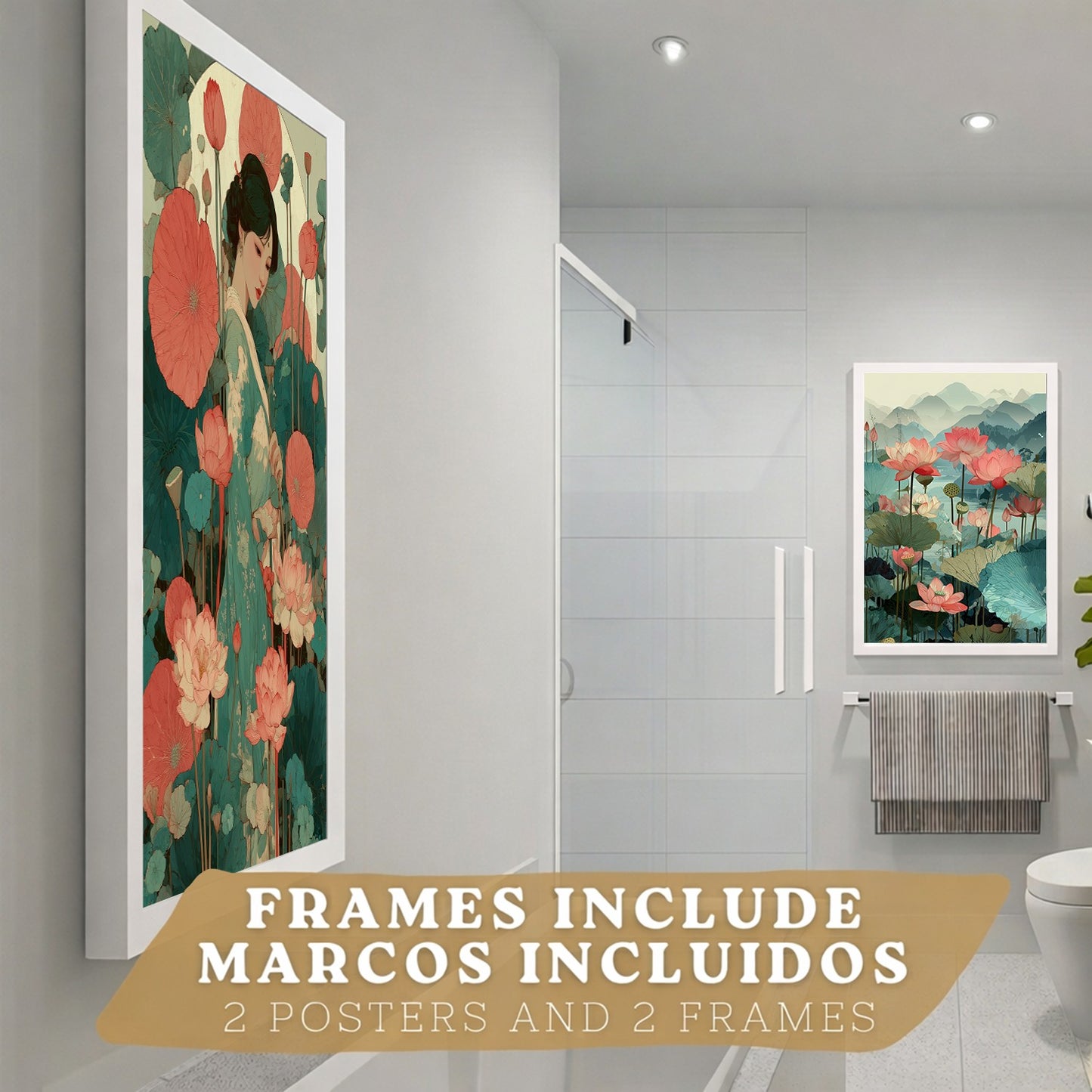 Set de 2 Laminas Decorativas Baño Cuadros Poster Arte Oriental Japones para Pared Lavabo Ducha WC y Aseo con Flores de Loto Paisaje Asiatico Estilo Elegante