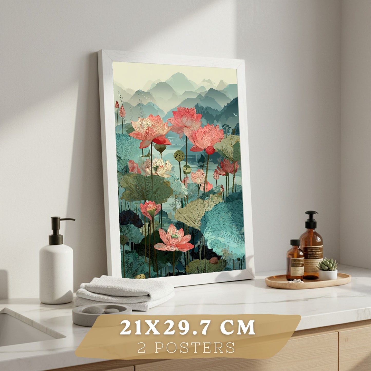 Set de 2 Laminas Decorativas Baño Cuadros Poster Arte Oriental Japones para Pared Lavabo Ducha WC y Aseo con Flores de Loto Paisaje Asiatico Estilo Elegante