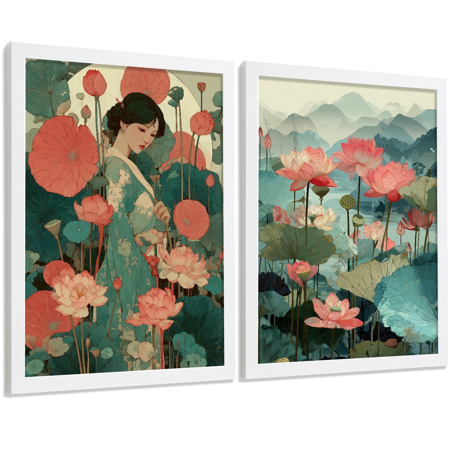 Set de 2 Laminas Decorativas Baño Cuadros Poster Arte Oriental Japones para Pared Lavabo Ducha WC y Aseo con Flores de Loto Paisaje Asiatico Estilo Elegante