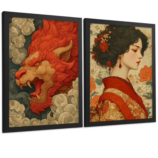 Set de 2 Laminas Decorativas Baño Cuadros Poster Arte Japones Vintage para Pared Lavabo Ducha WC y Aseo con Dragon Oriental y Mujer Estilo Artistico Elegante