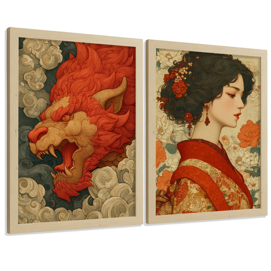 Set de 2 Laminas Decorativas Baño Cuadros Poster Arte Japones Vintage para Pared Lavabo Ducha WC y Aseo con Dragon Oriental y Mujer Estilo Artistico Elegante