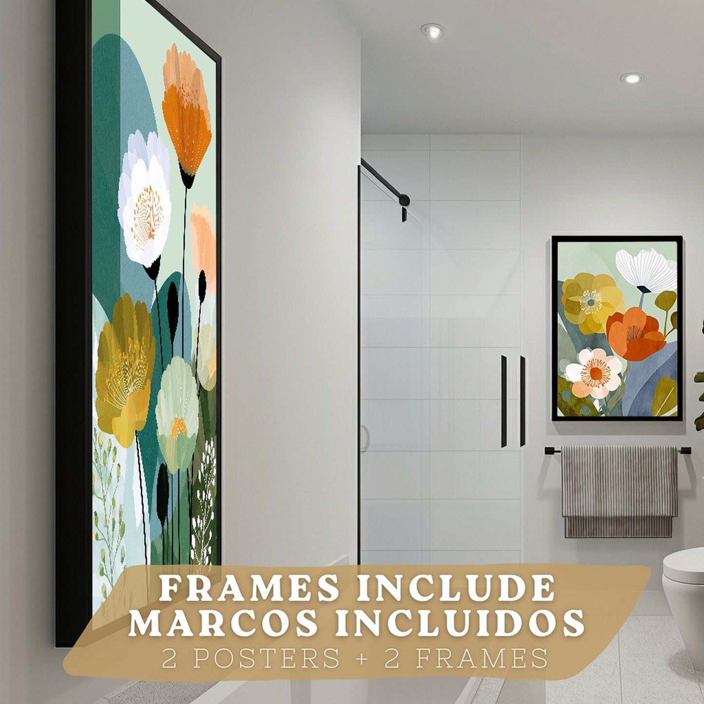 Set de 2 Laminas Decorativas Baño Cuadros Florales Modernos Poster para Pared Lavabo Ducha WC y Aseo Decoracion Floral Abstracta Estilo Nordico
