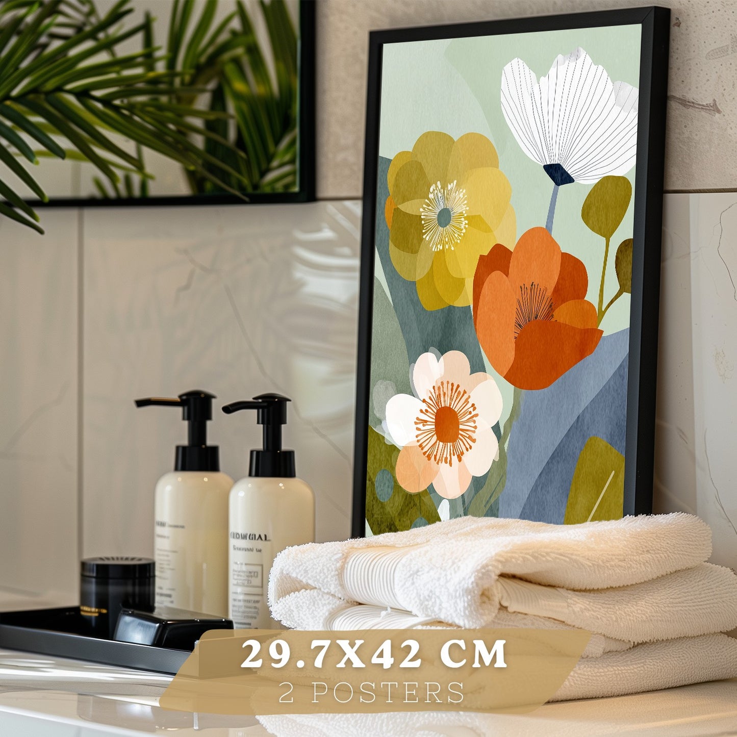 Set de 2 Laminas Decorativas Baño Cuadros Florales Modernos Poster para Pared Lavabo Ducha WC y Aseo Decoracion Floral Abstracta Estilo Nordico