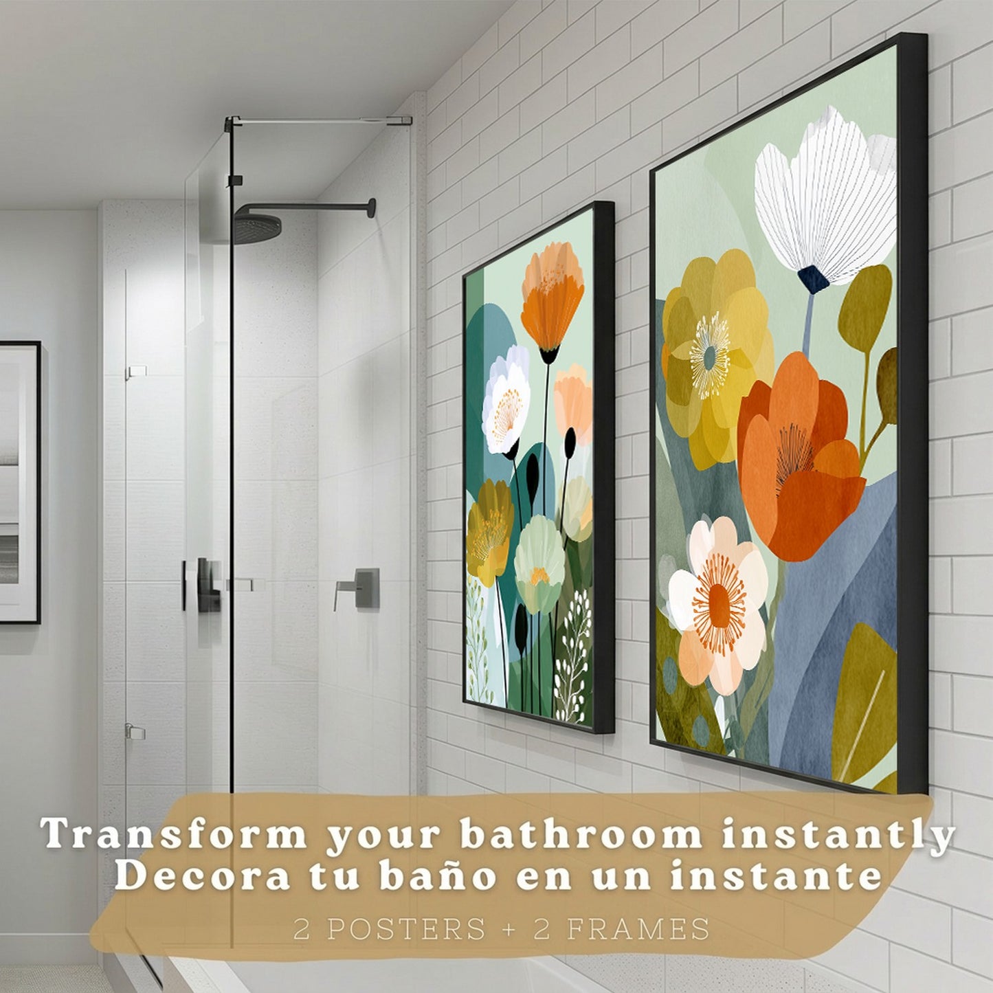 Set de 2 Laminas Decorativas Baño Cuadros Florales Modernos Poster para Pared Lavabo Ducha WC y Aseo Decoracion Floral Abstracta Estilo Nordico