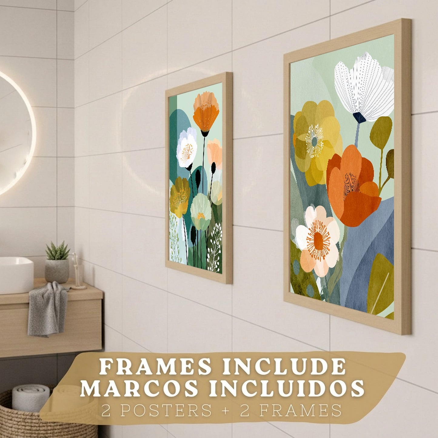 Set de 2 Laminas Decorativas Baño Cuadros Florales Modernos Poster para Pared Lavabo Ducha WC y Aseo Decoracion Floral Abstracta Estilo Nordico