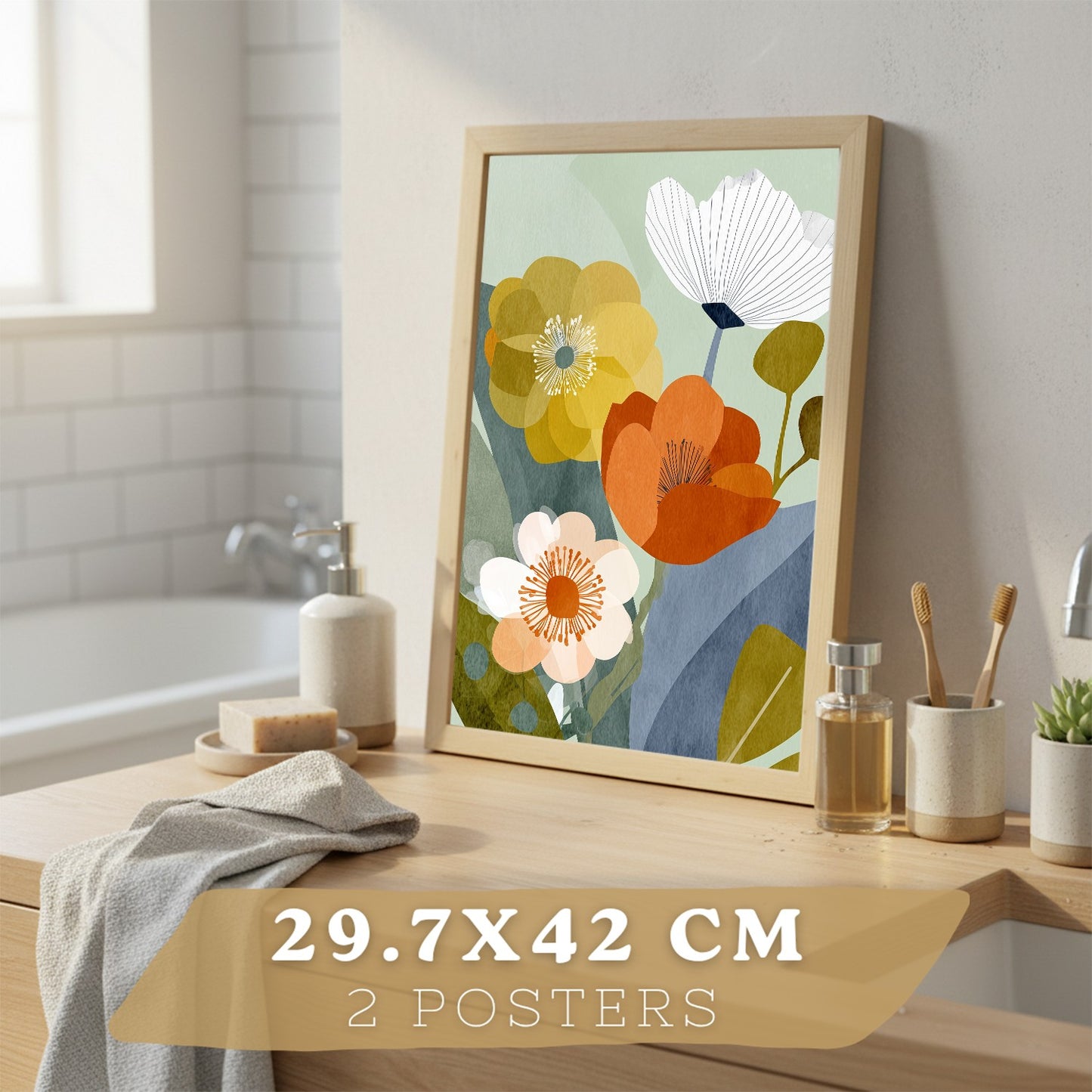 Set de 2 Laminas Decorativas Baño Cuadros Florales Modernos Poster para Pared Lavabo Ducha WC y Aseo Decoracion Floral Abstracta Estilo Nordico