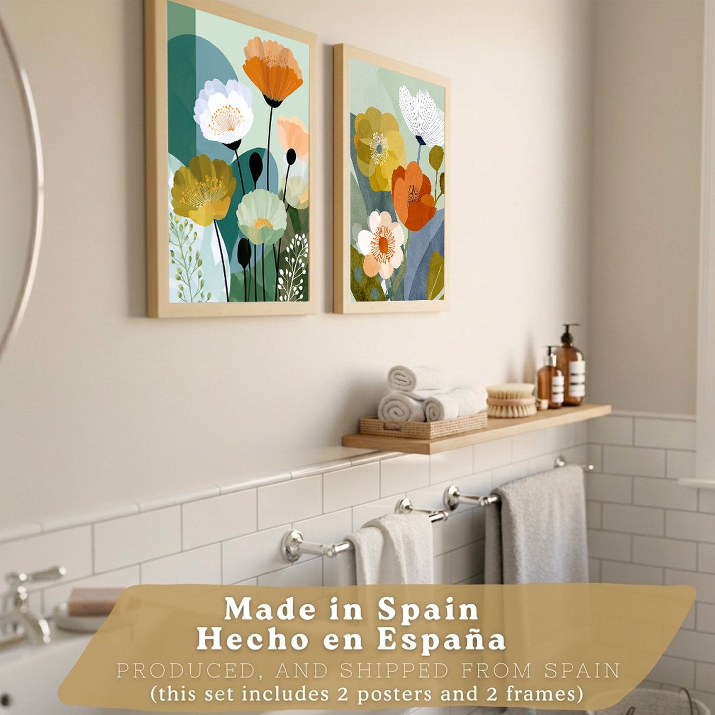 Set de 2 Laminas Decorativas Baño Cuadros Florales Modernos Poster para Pared Lavabo Ducha WC y Aseo Decoracion Floral Abstracta Estilo Nordico