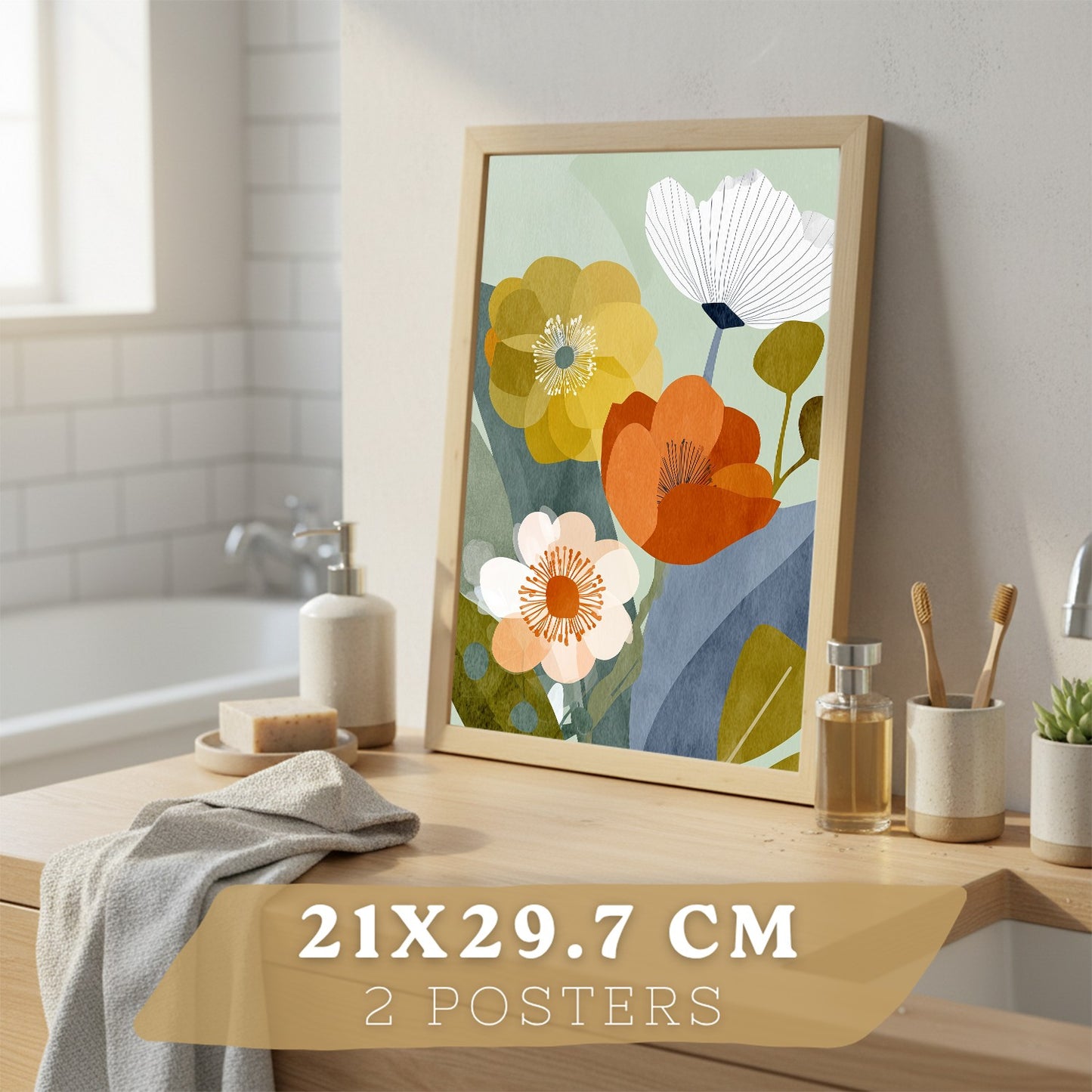 Set de 2 Laminas Decorativas Baño Cuadros Florales Modernos Poster para Pared Lavabo Ducha WC y Aseo Decoracion Floral Abstracta Estilo Nordico