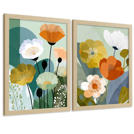 Set de 2 Laminas Decorativas Baño Cuadros Florales Modernos Poster para Pared Lavabo Ducha WC y Aseo Decoracion Floral Abstracta Estilo Nordico