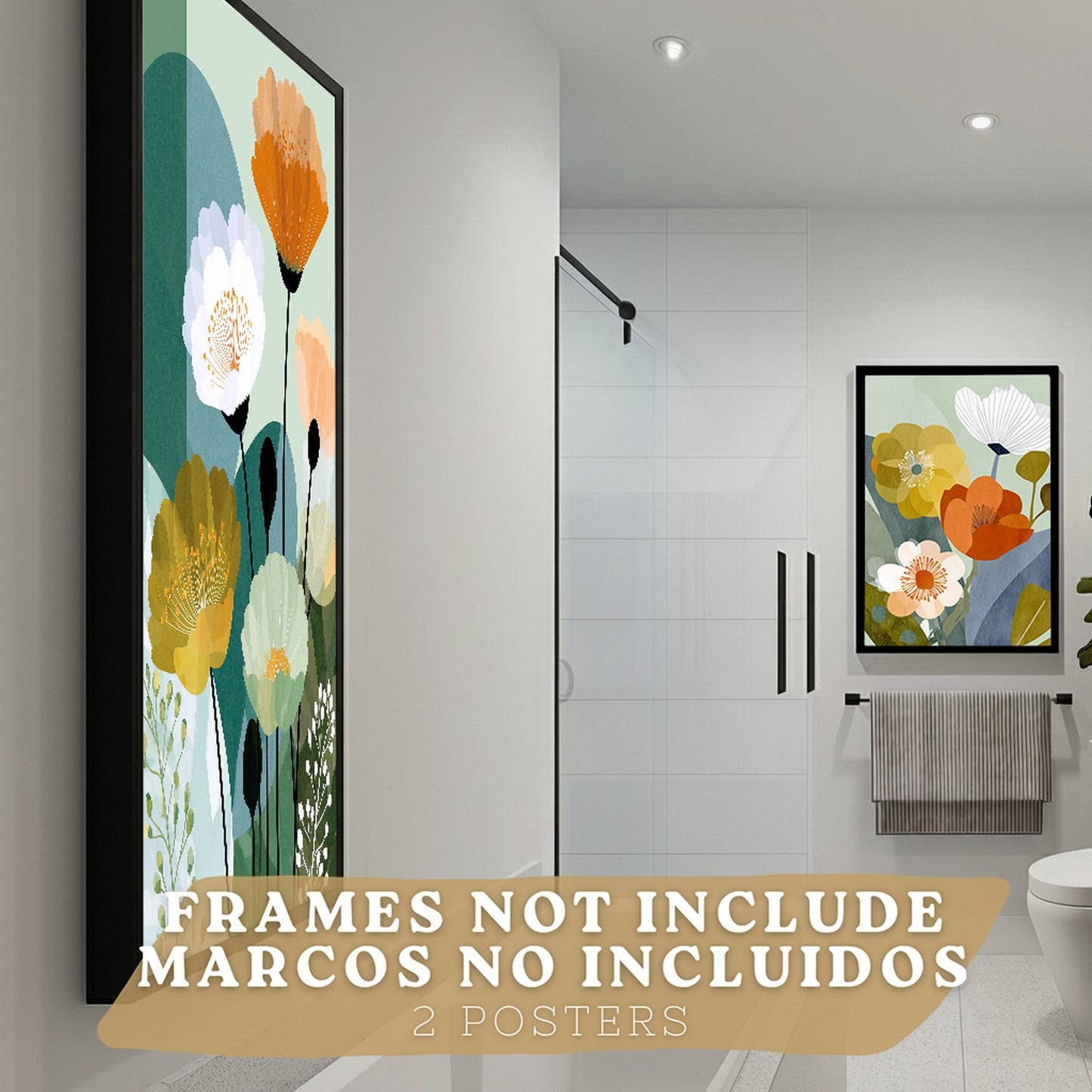 Set de 2 Laminas Decorativas Baño Cuadros Florales Modernos Poster para Pared Lavabo Ducha WC y Aseo Decoracion Floral Abstracta Estilo Nordico