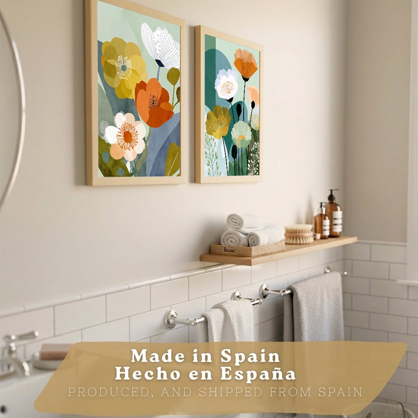 Set de 2 Laminas Decorativas Baño Cuadros Florales Modernos Poster para Pared Lavabo Ducha WC y Aseo Decoracion Floral Abstracta Estilo Nordico