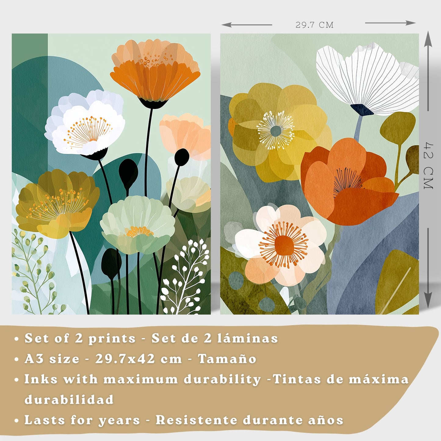 Set de 2 Laminas Decorativas Baño Cuadros Florales Modernos Poster para Pared Lavabo Ducha WC y Aseo Decoracion Floral Abstracta Estilo Nordico
