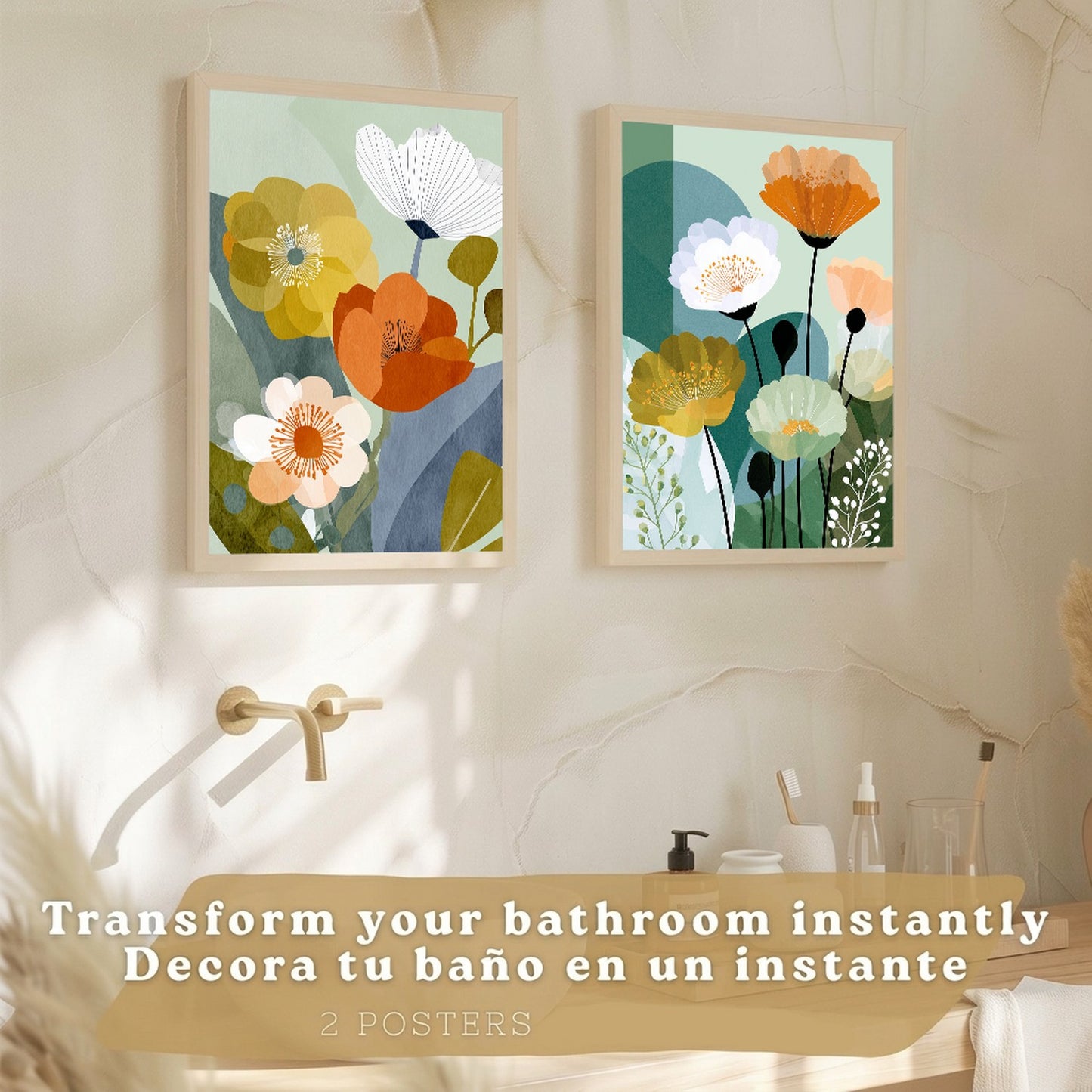 Set de 2 Laminas Decorativas Baño Cuadros Florales Modernos Poster para Pared Lavabo Ducha WC y Aseo Decoracion Floral Abstracta Estilo Nordico