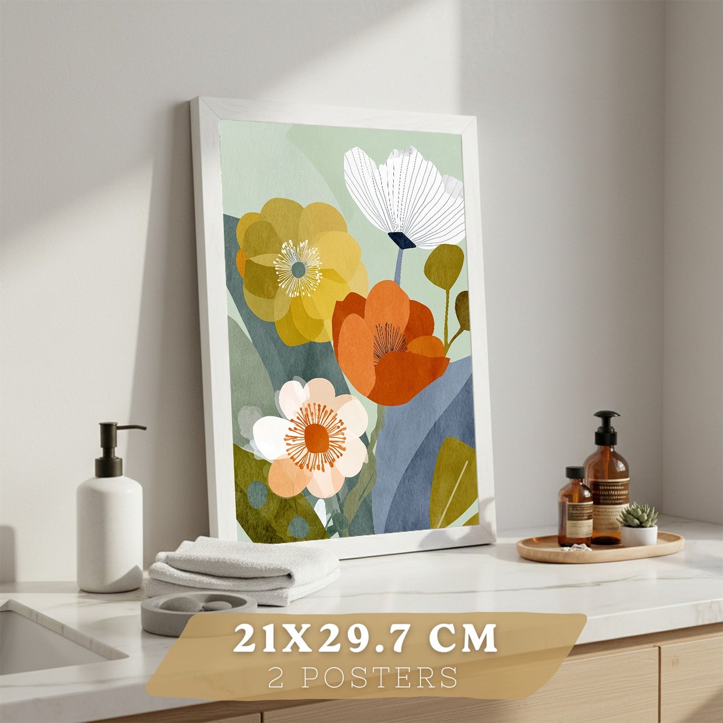 Set de 2 Laminas Decorativas Baño Cuadros Florales Modernos Poster para Pared Lavabo Ducha WC y Aseo Decoracion Floral Abstracta Estilo Nordico