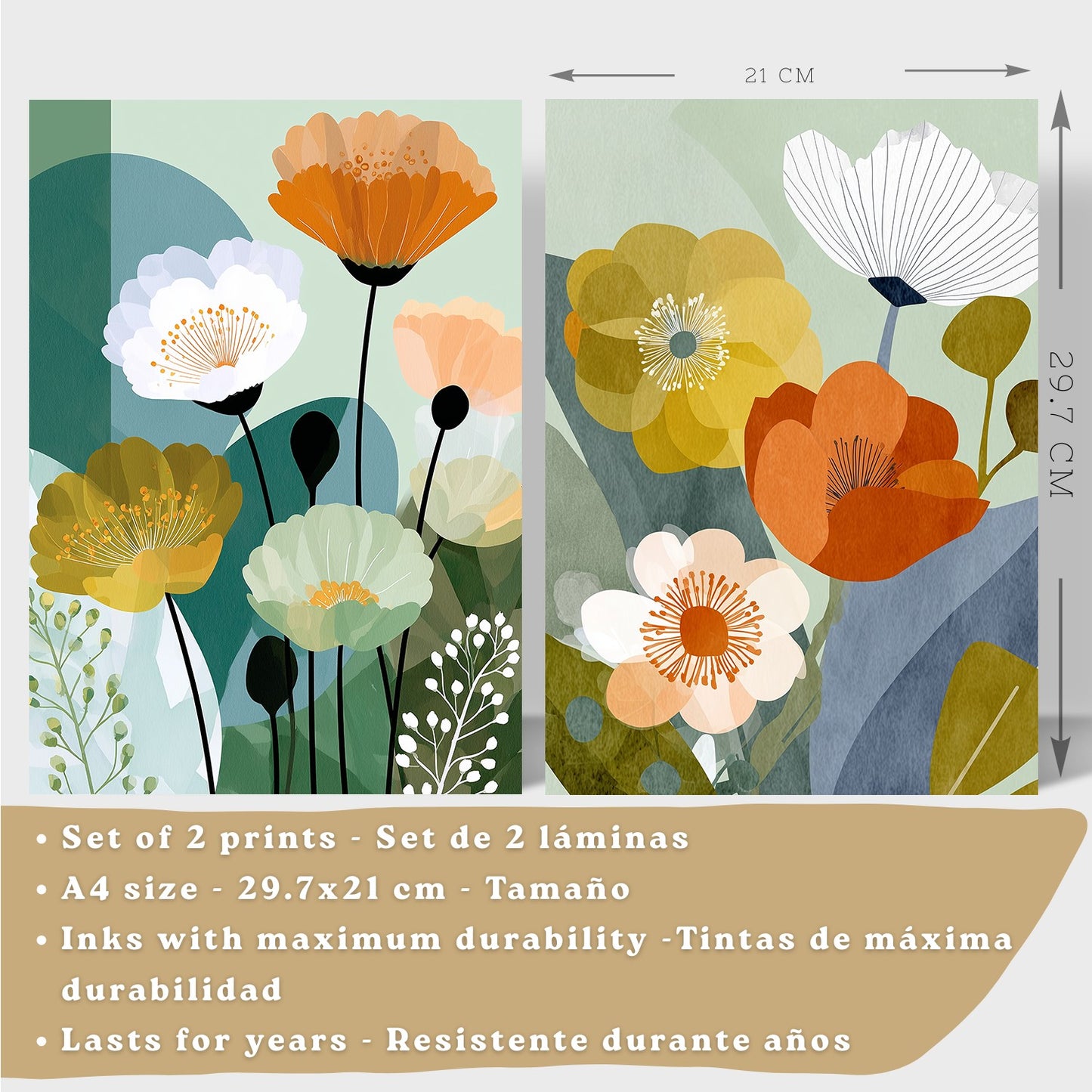 Set de 2 Laminas Decorativas Baño Cuadros Florales Modernos Poster para Pared Lavabo Ducha WC y Aseo Decoracion Floral Abstracta Estilo Nordico