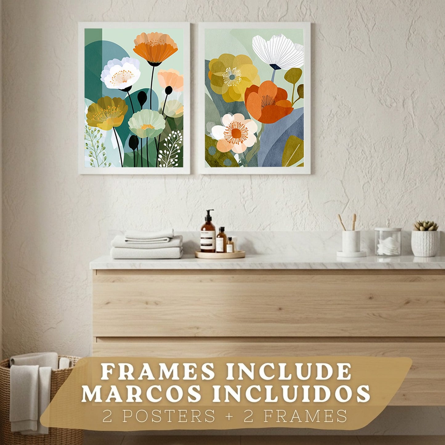 Set de 2 Laminas Decorativas Baño Cuadros Florales Modernos Poster para Pared Lavabo Ducha WC y Aseo Decoracion Floral Abstracta Estilo Nordico