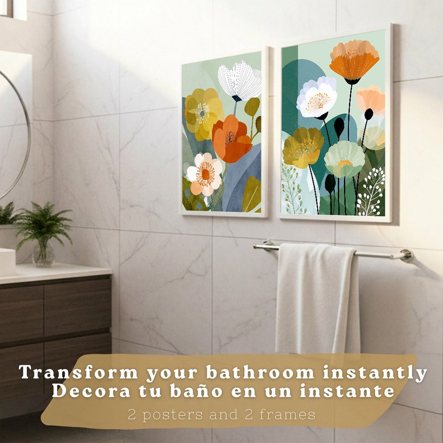 Set de 2 Laminas Decorativas Baño Cuadros Florales Modernos Poster para Pared Lavabo Ducha WC y Aseo Decoracion Floral Abstracta Estilo Nordico