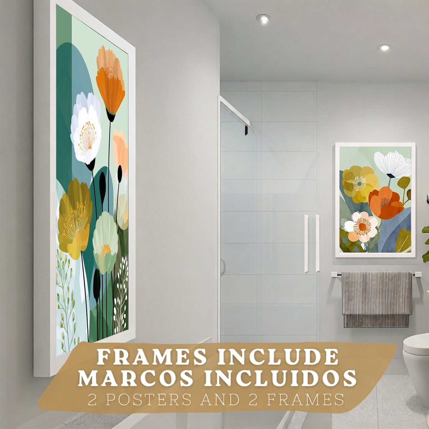 Set de 2 Laminas Decorativas Baño Cuadros Florales Modernos Poster para Pared Lavabo Ducha WC y Aseo Decoracion Floral Abstracta Estilo Nordico