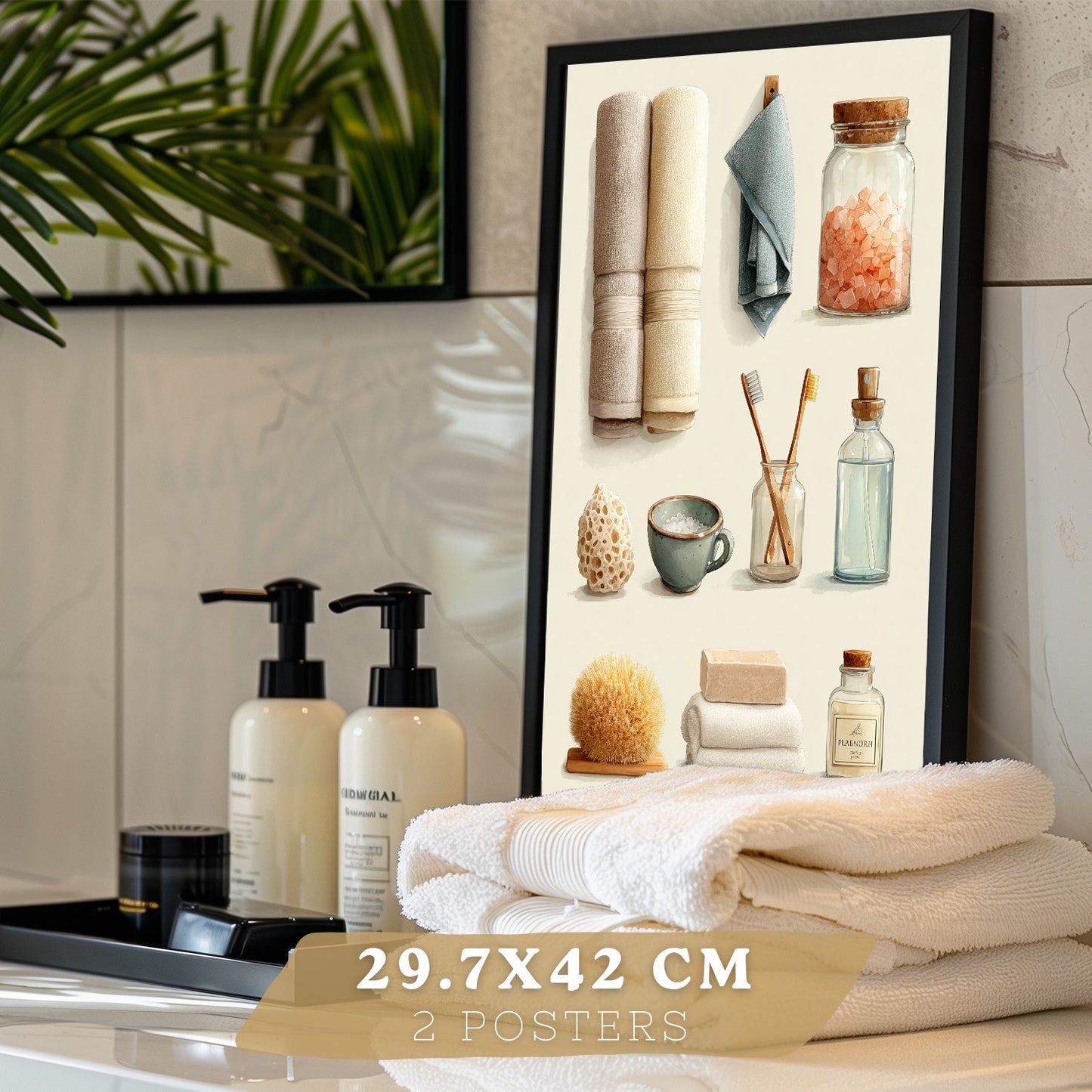 Set de 2 laminas decorativas para baño con composiciones de toallas, jabones, sales y accesorios naturales. Decoración de paredes en baño, WC o lavabo con estilo spa