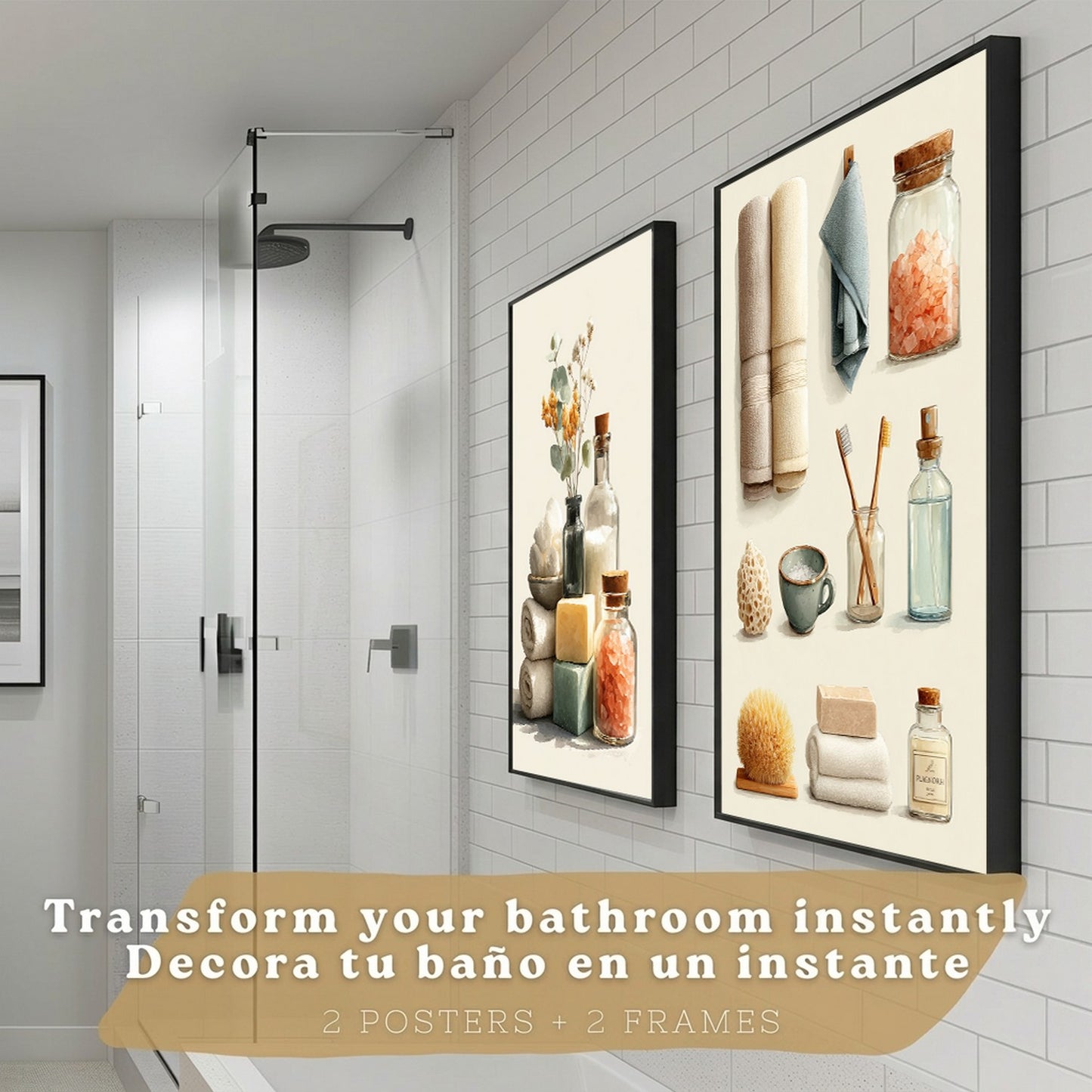 Set de 2 laminas decorativas para baño con composiciones de toallas, jabones, sales y accesorios naturales. Decoración de paredes en baño, WC o lavabo con estilo spa