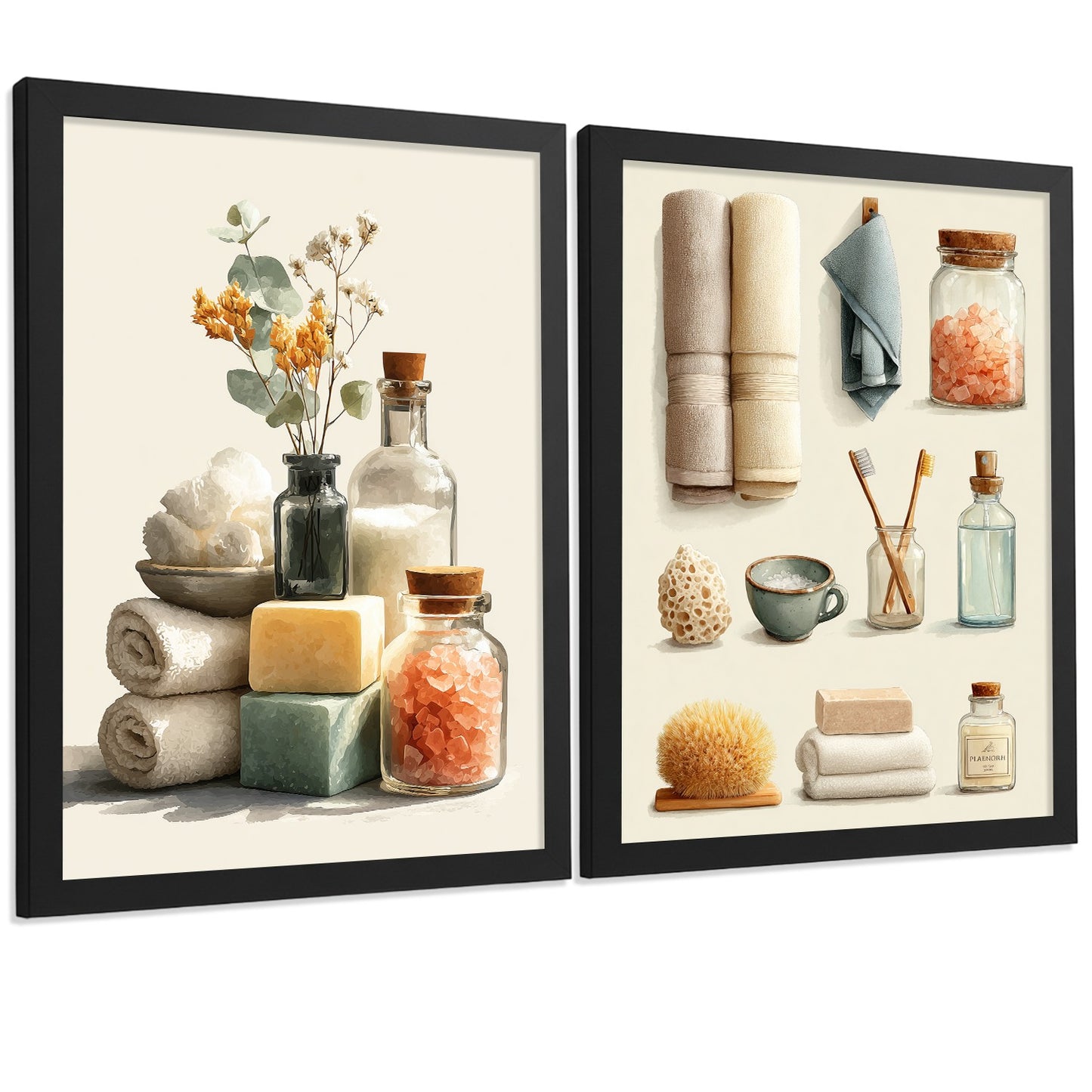 Set de 2 laminas decorativas para baño con composiciones de toallas, jabones, sales y accesorios naturales. Decoración de paredes en baño, WC o lavabo con estilo spa