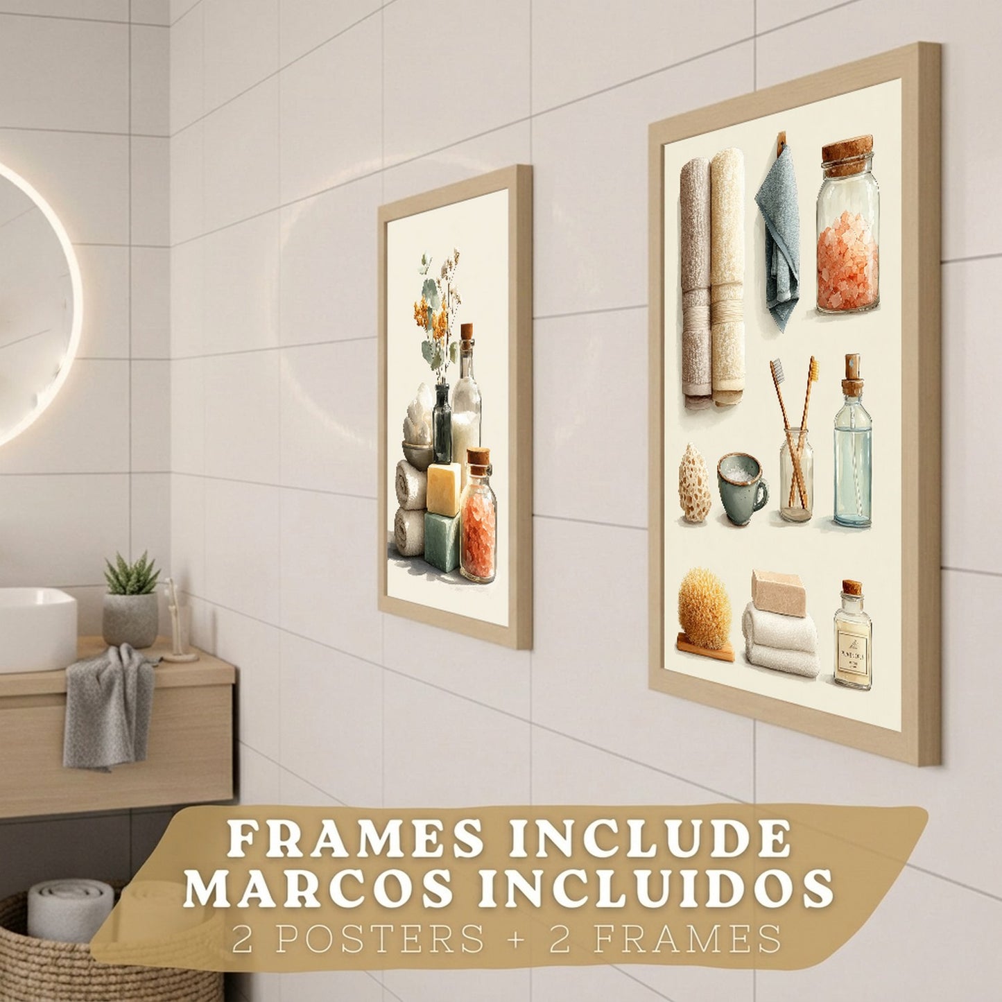 Set de 2 laminas decorativas para baño con composiciones de toallas, jabones, sales y accesorios naturales. Decoración de paredes en baño, WC o lavabo con estilo spa