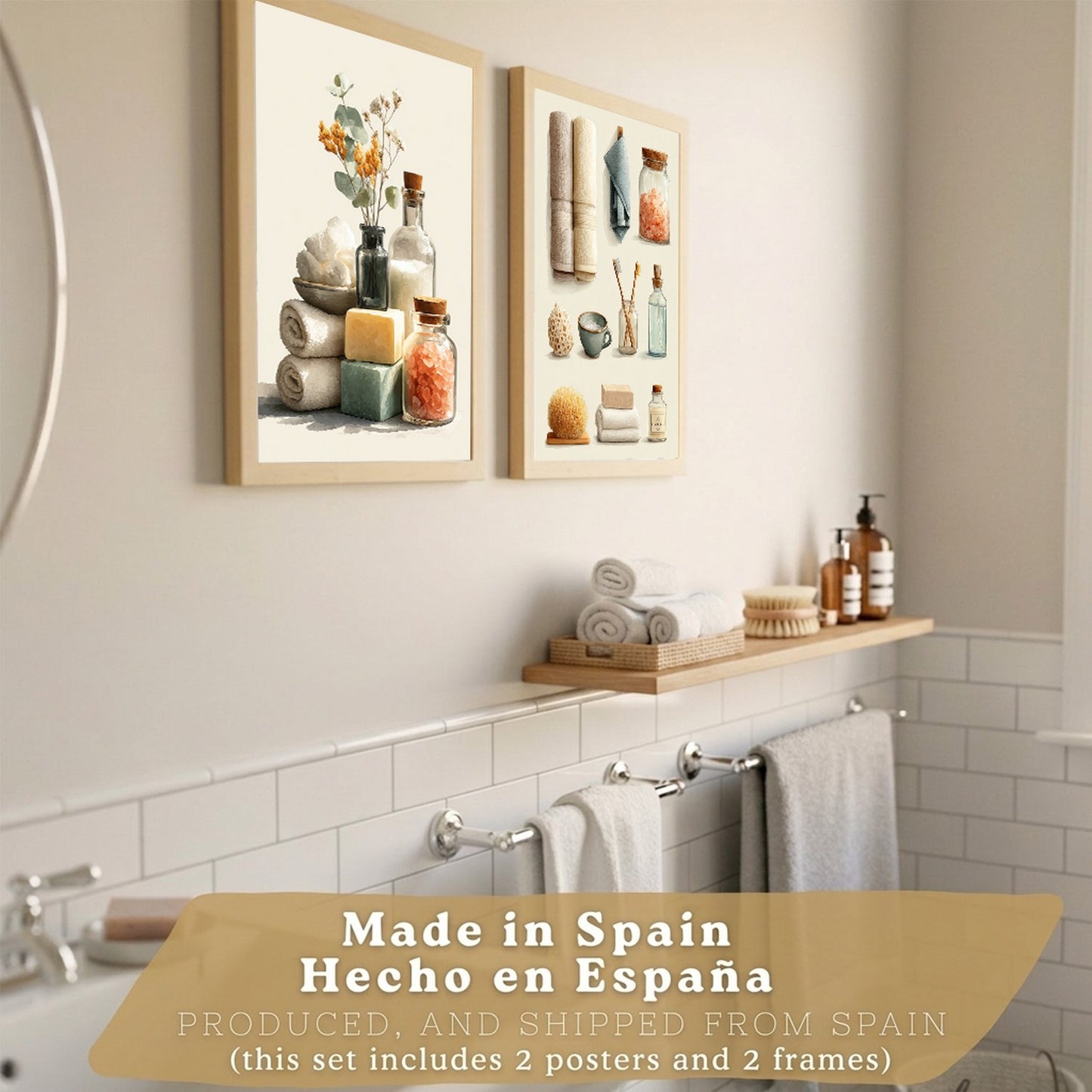 Set de 2 laminas decorativas para baño con composiciones de toallas, jabones, sales y accesorios naturales. Decoración de paredes en baño, WC o lavabo con estilo spa