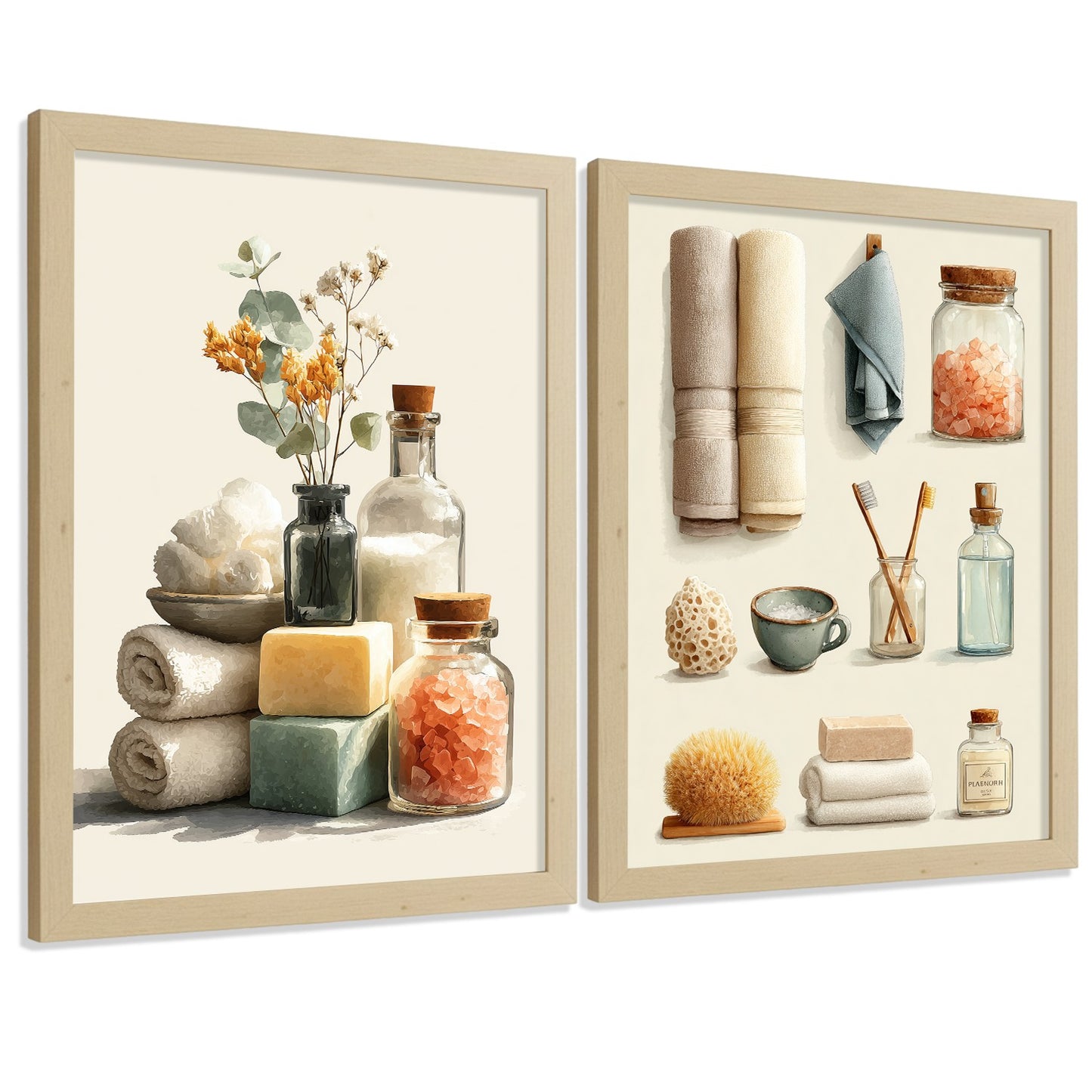 Set de 2 laminas decorativas para baño con composiciones de toallas, jabones, sales y accesorios naturales. Decoración de paredes en baño, WC o lavabo con estilo spa