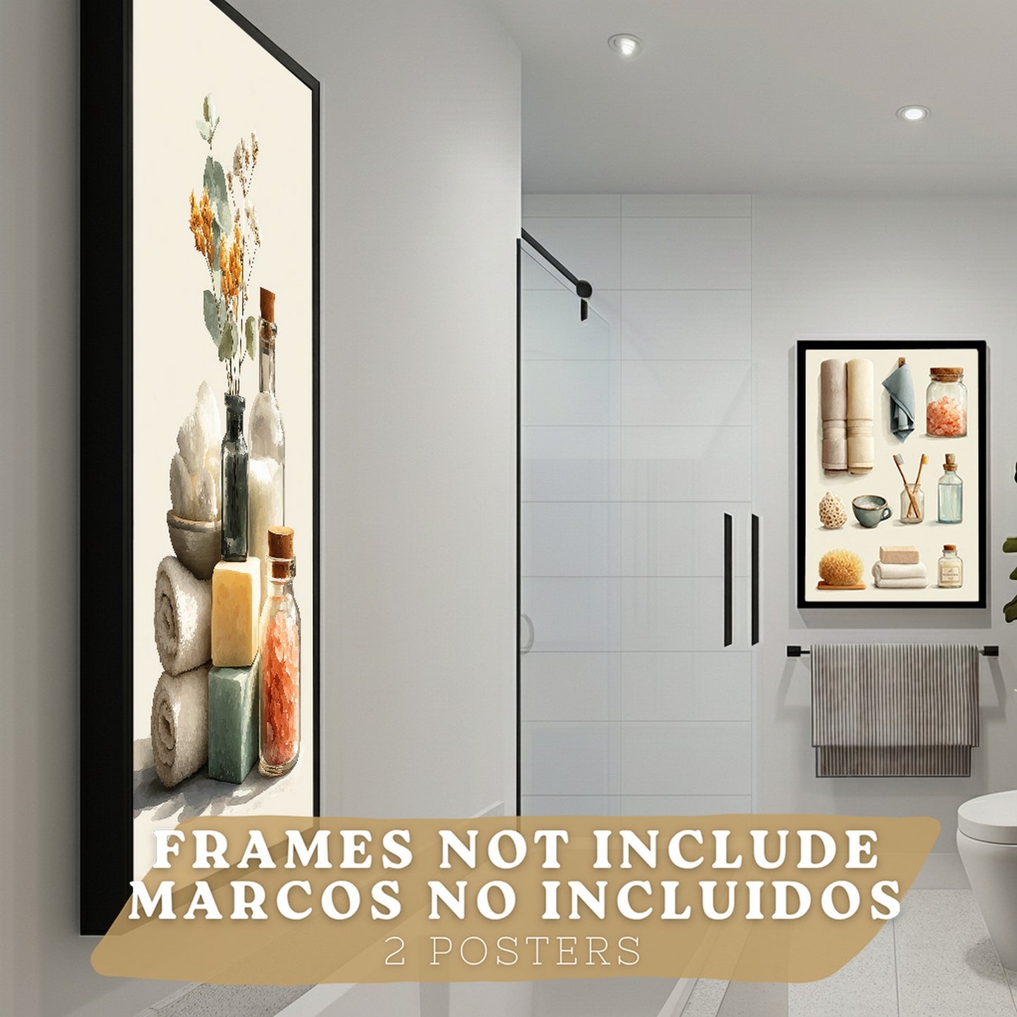Set de 2 laminas decorativas para baño con composiciones de toallas, jabones, sales y accesorios naturales. Decoración de paredes en baño, WC o lavabo con estilo spa
