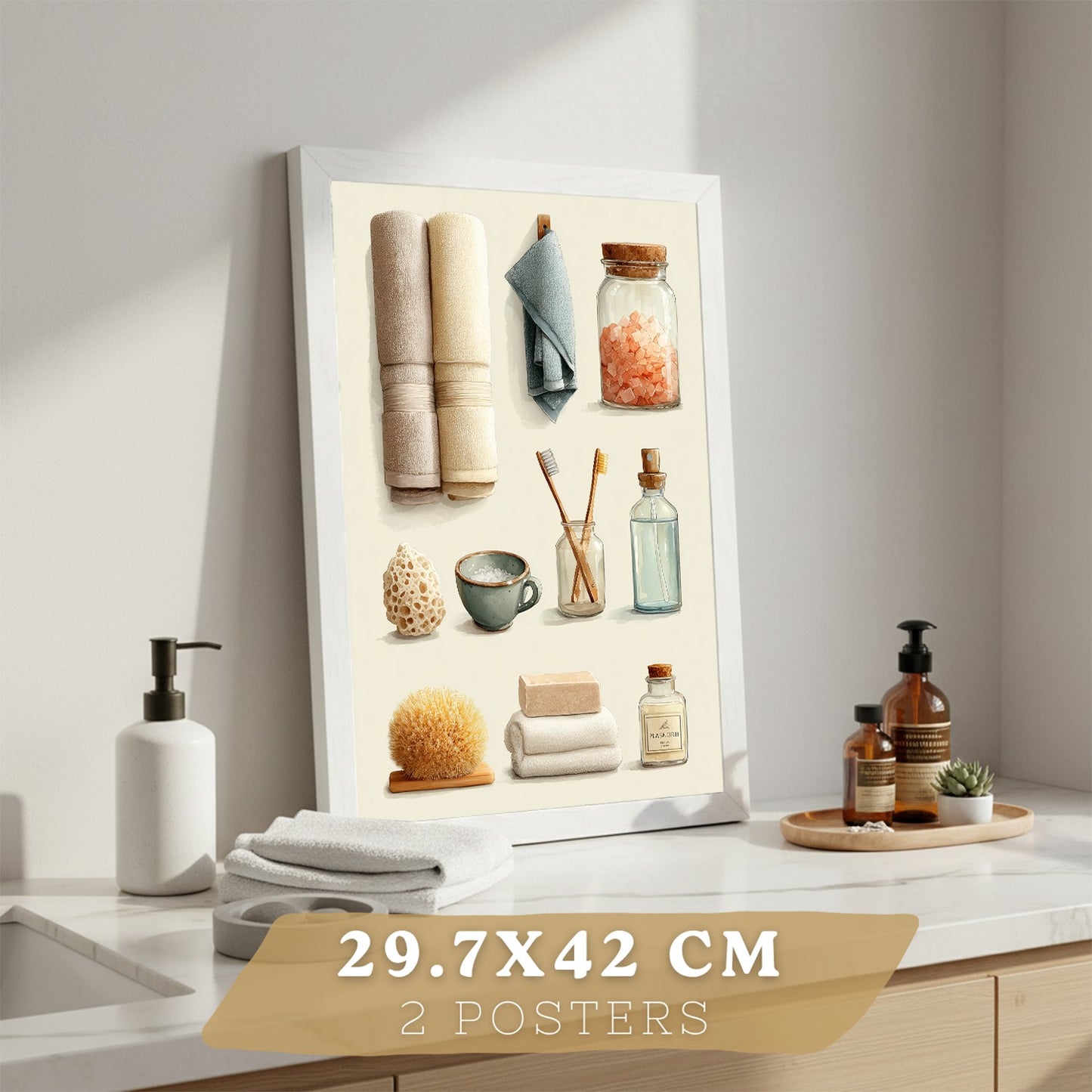 Set de 2 laminas decorativas para baño con composiciones de toallas, jabones, sales y accesorios naturales. Decoración de paredes en baño, WC o lavabo con estilo spa