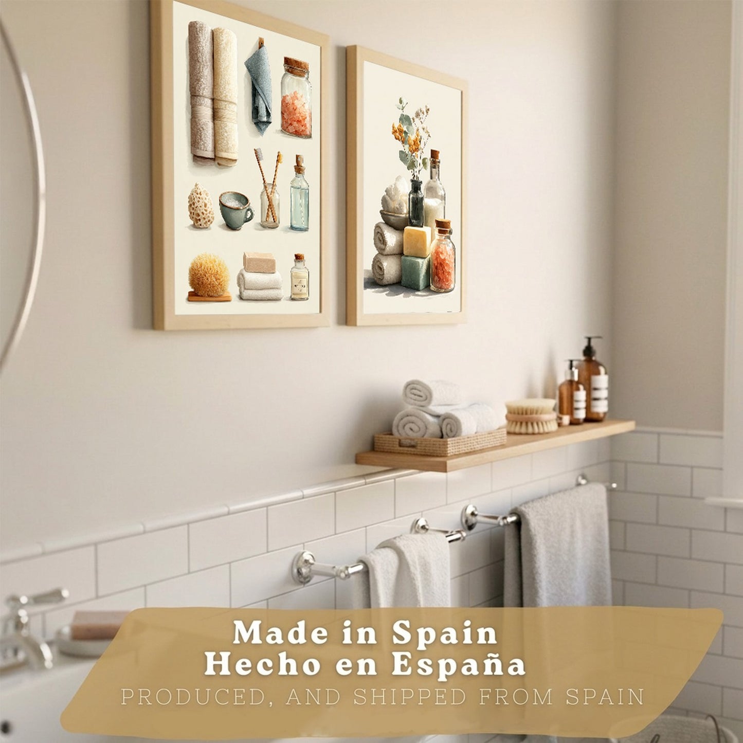 Set de 2 laminas decorativas para baño con composiciones de toallas, jabones, sales y accesorios naturales. Decoración de paredes en baño, WC o lavabo con estilo spa
