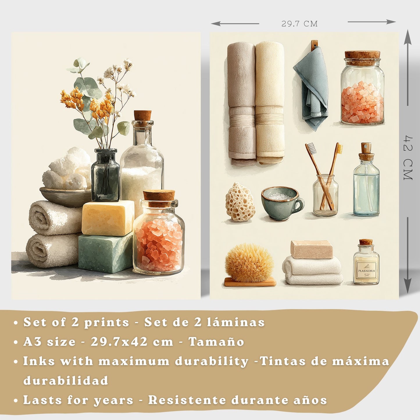 Set de 2 laminas decorativas para baño con composiciones de toallas, jabones, sales y accesorios naturales. Decoración de paredes en baño, WC o lavabo con estilo spa