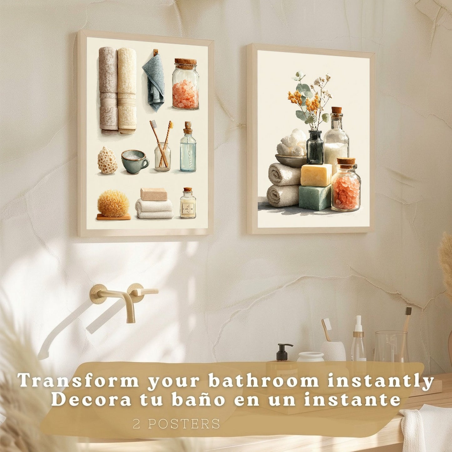 Set de 2 laminas decorativas para baño con composiciones de toallas, jabones, sales y accesorios naturales. Decoración de paredes en baño, WC o lavabo con estilo spa