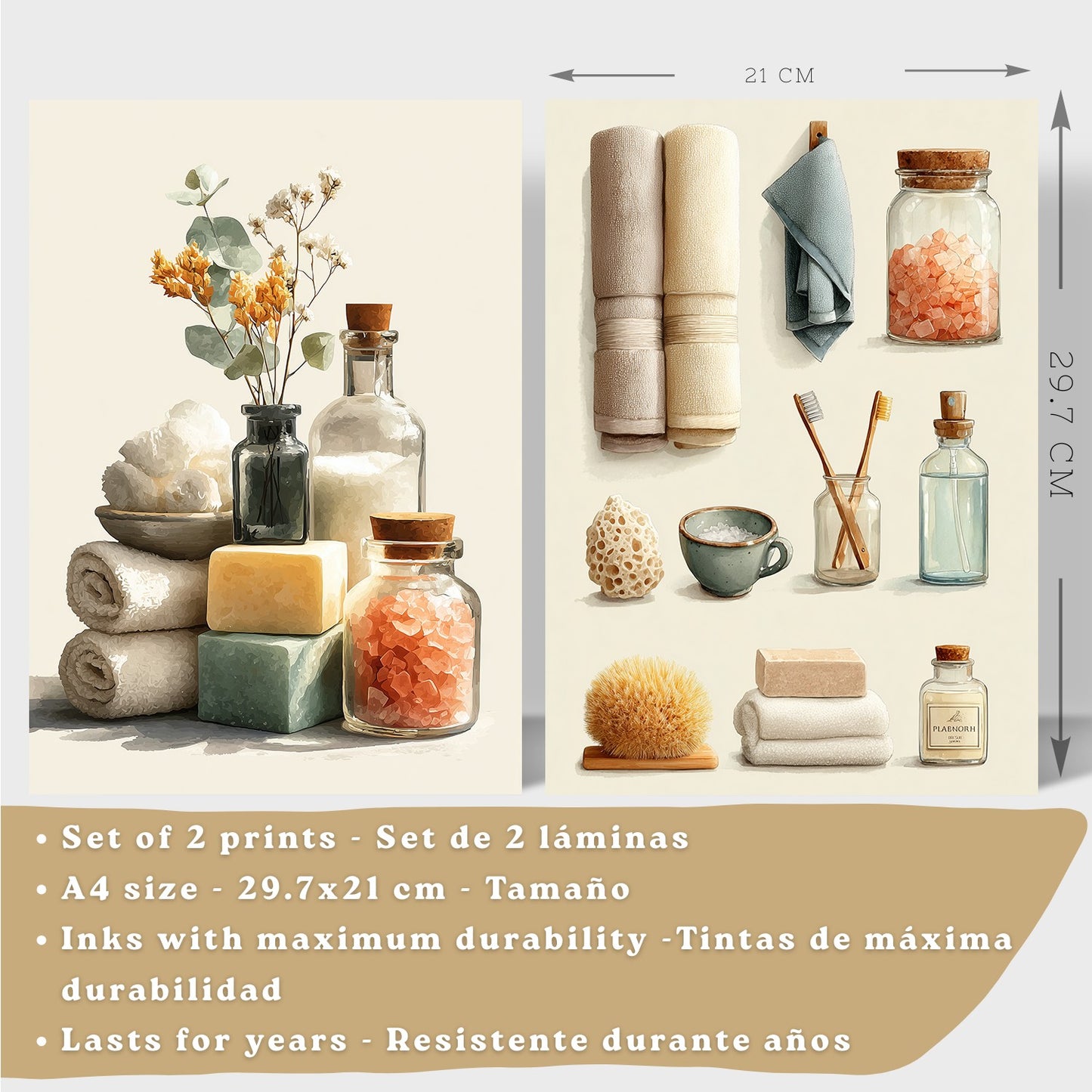 Set de 2 laminas decorativas para baño con composiciones de toallas, jabones, sales y accesorios naturales. Decoración de paredes en baño, WC o lavabo con estilo spa