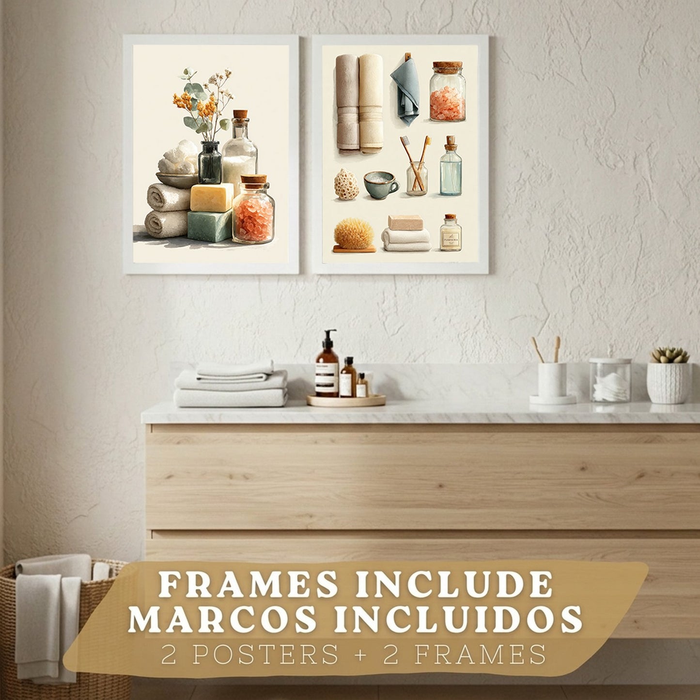 Set de 2 laminas decorativas para baño con composiciones de toallas, jabones, sales y accesorios naturales. Decoración de paredes en baño, WC o lavabo con estilo spa