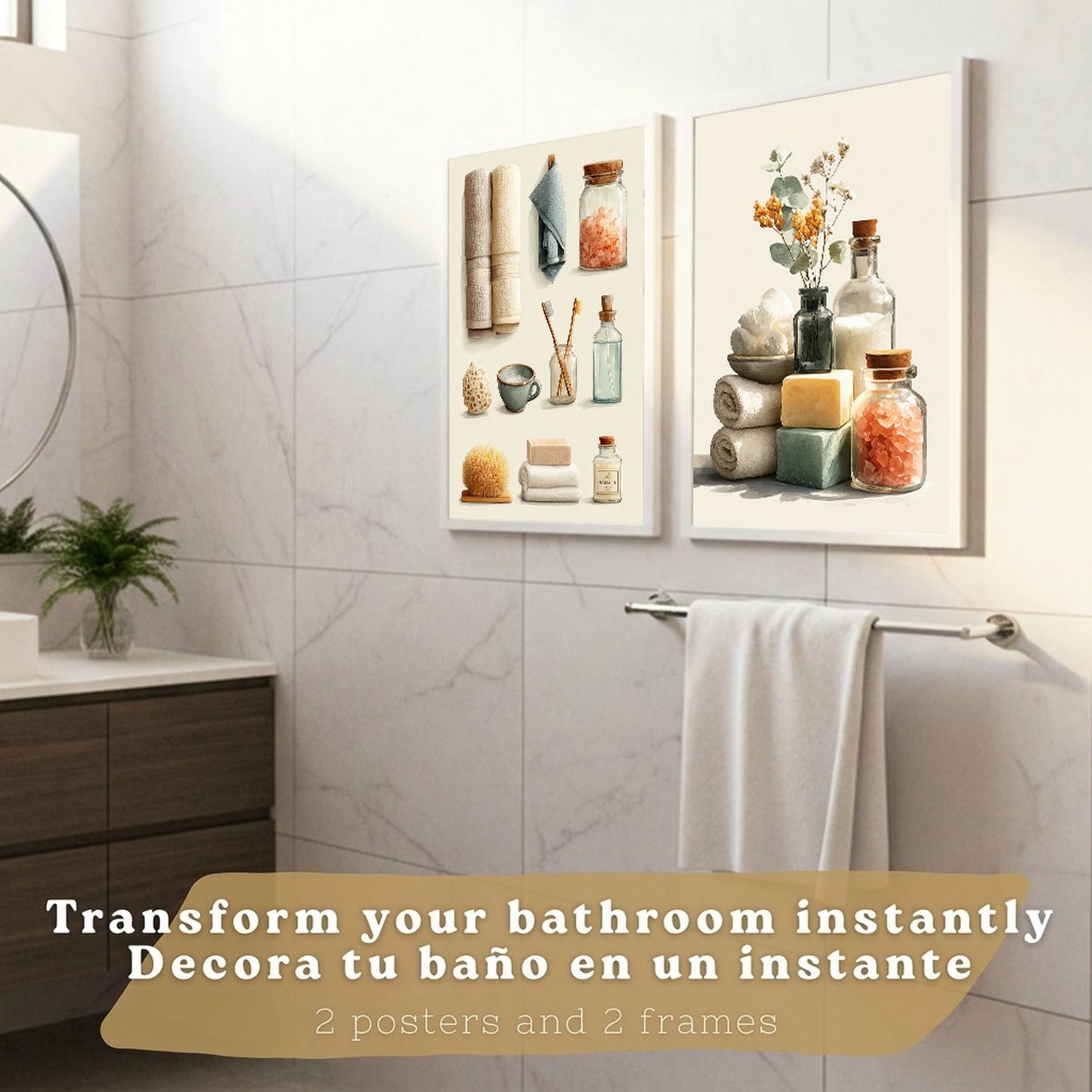 Set de 2 laminas decorativas para baño con composiciones de toallas, jabones, sales y accesorios naturales. Decoración de paredes en baño, WC o lavabo con estilo spa