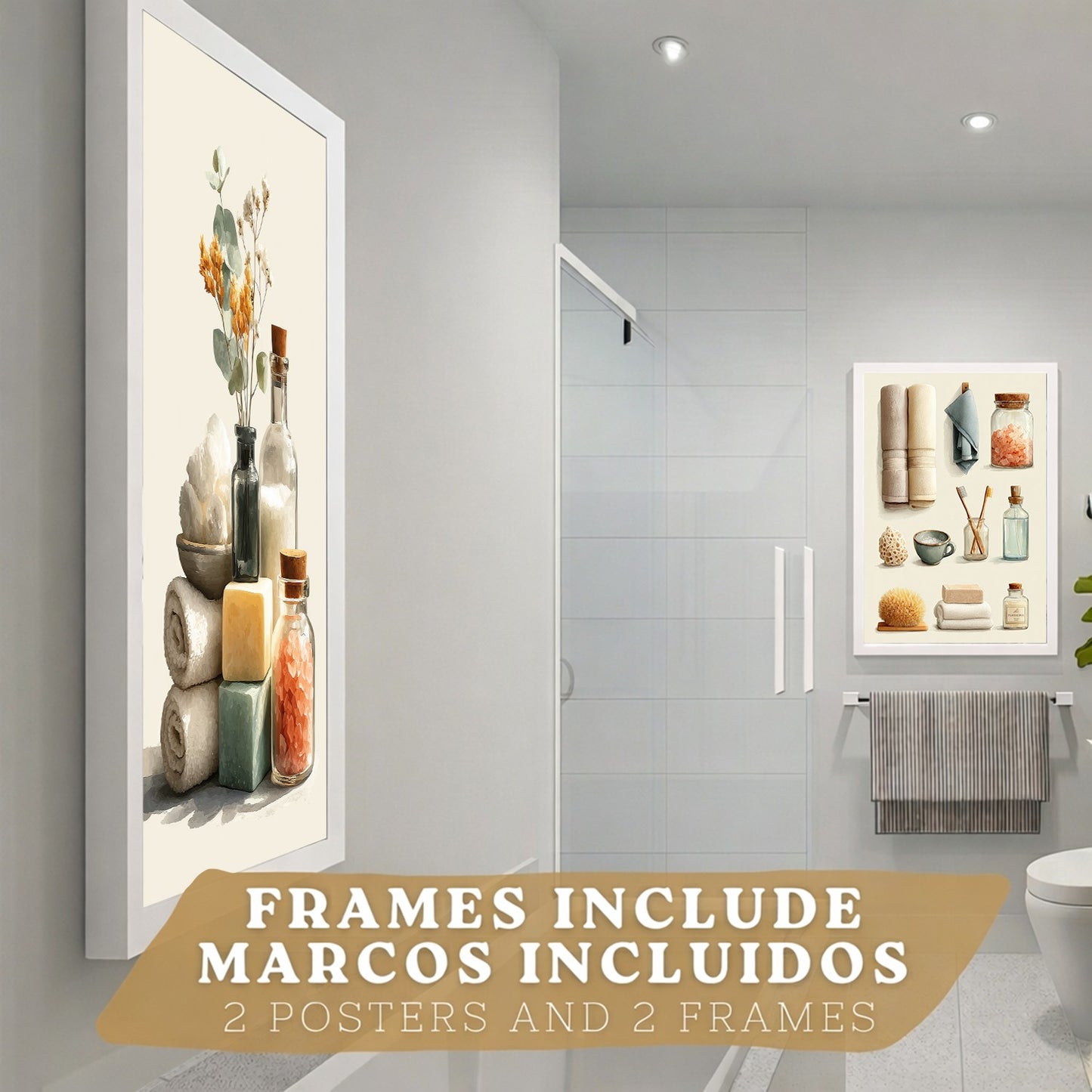 Set de 2 laminas decorativas para baño con composiciones de toallas, jabones, sales y accesorios naturales. Decoración de paredes en baño, WC o lavabo con estilo spa