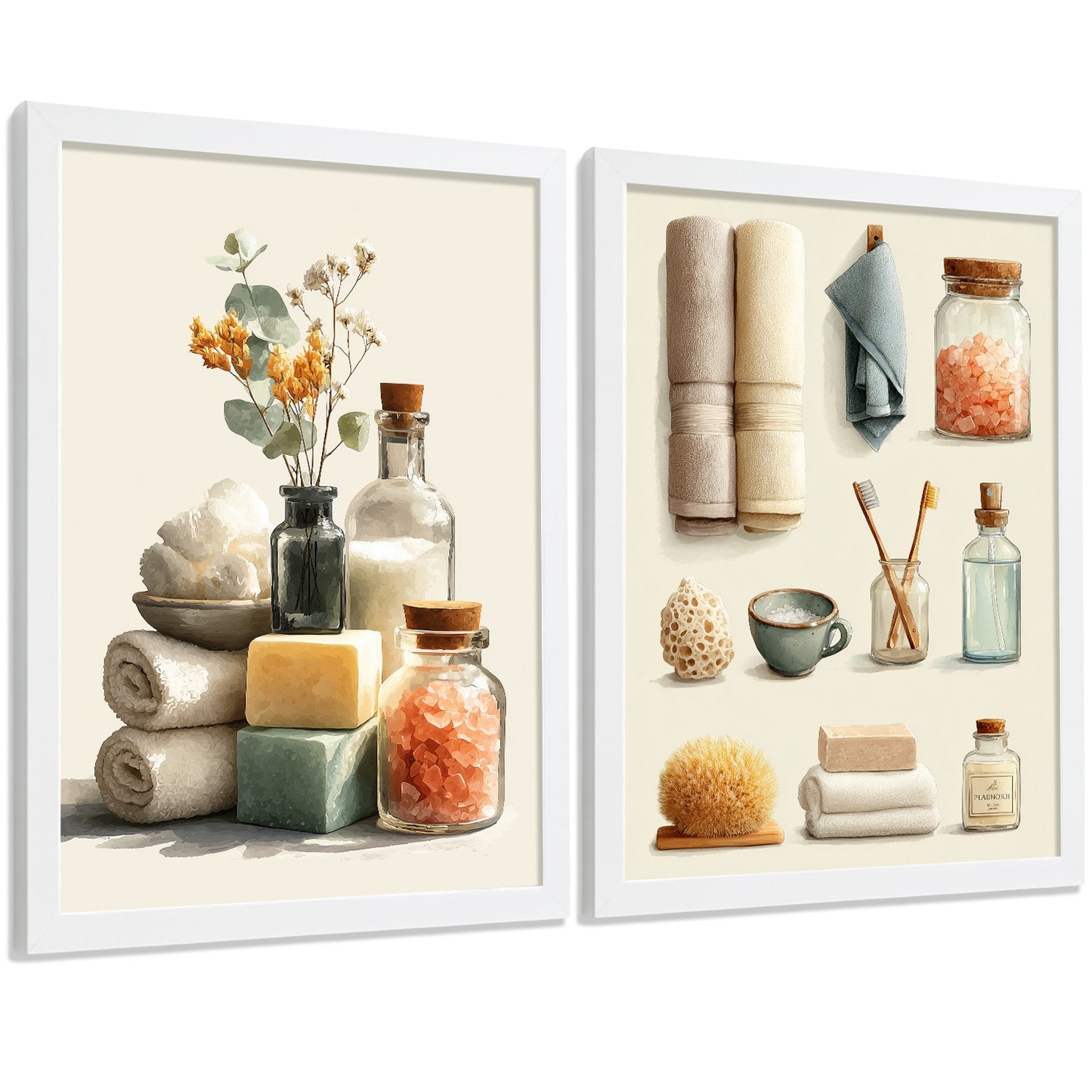 Set de 2 laminas decorativas para baño con composiciones de toallas, jabones, sales y accesorios naturales. Decoración de paredes en baño, WC o lavabo con estilo spa