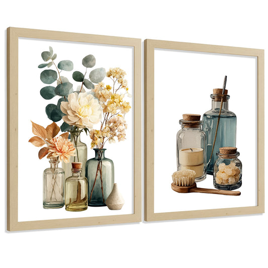 Set de 2 Laminas Decorativas Baño Cuadros Minimalistas Poster para Pared Lavabo Ducha WC y Aseo Decoracion Moderna con Flores y Botellas Estilo Natural Elegante