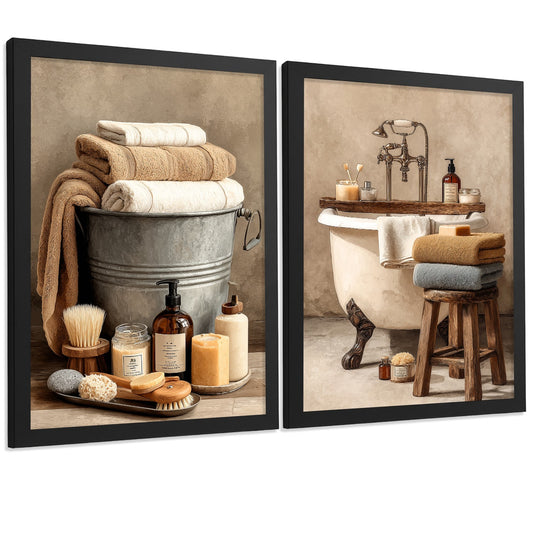 Set de 2 Laminas Decorativas Baño Estilo Rústico Cuadros Spa Vintage con Toallas y Bañera Posters Decoracion Hogar