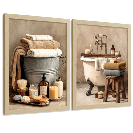 Set de 2 Laminas Decorativas Baño Estilo Rústico Cuadros Spa Vintage con Toallas y Bañera Posters Decoracion Hogar