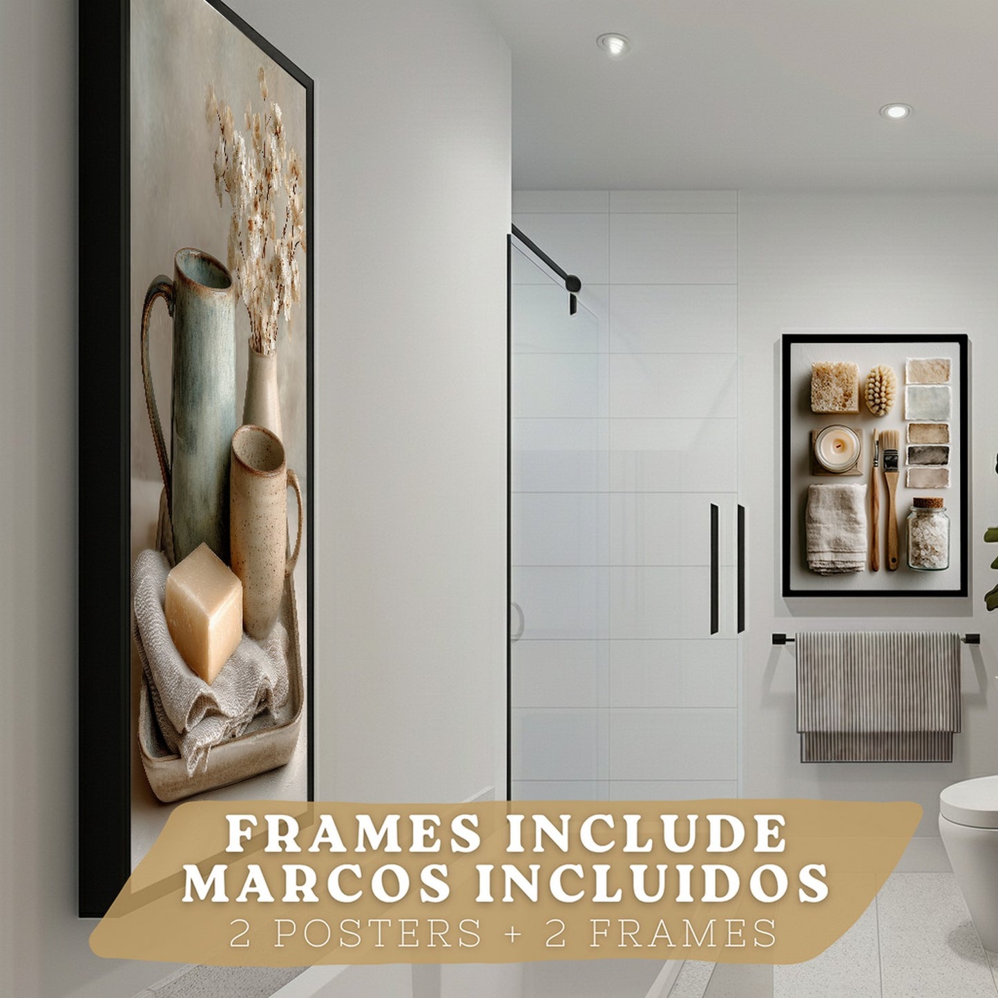 Juego de 2 Laminas Decorativas para Pared de Baño Cuadros y Poster para Lavabo Ducha WC y Aseo con Jabon Tazas Flores y Accesorios Estilo Natural Artistico