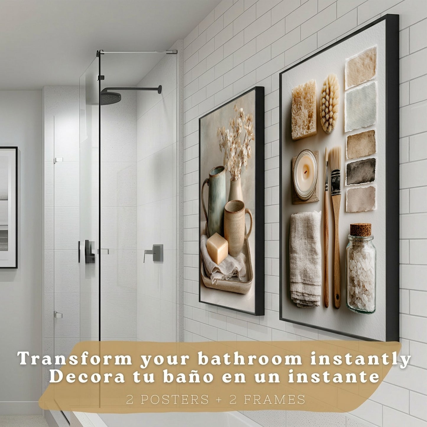 Juego de 2 Laminas Decorativas para Pared de Baño Cuadros y Poster para Lavabo Ducha WC y Aseo con Jabon Tazas Flores y Accesorios Estilo Natural Artistico