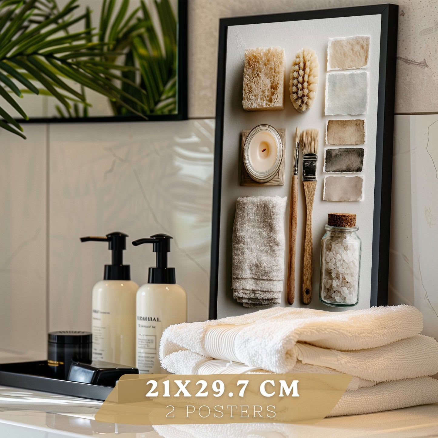 Juego de 2 Laminas Decorativas para Pared de Baño Cuadros y Poster para Lavabo Ducha WC y Aseo con Jabon Tazas Flores y Accesorios Estilo Natural Artistico