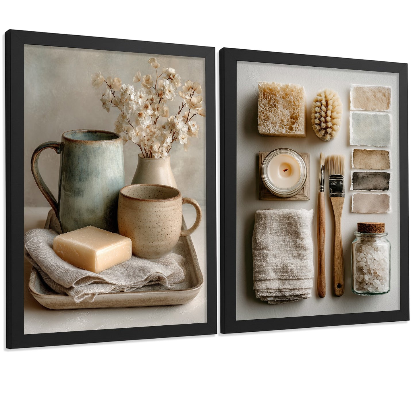 Juego de 2 Laminas Decorativas para Pared de Baño Cuadros y Poster para Lavabo Ducha WC y Aseo con Jabon Tazas Flores y Accesorios Estilo Natural Artistico