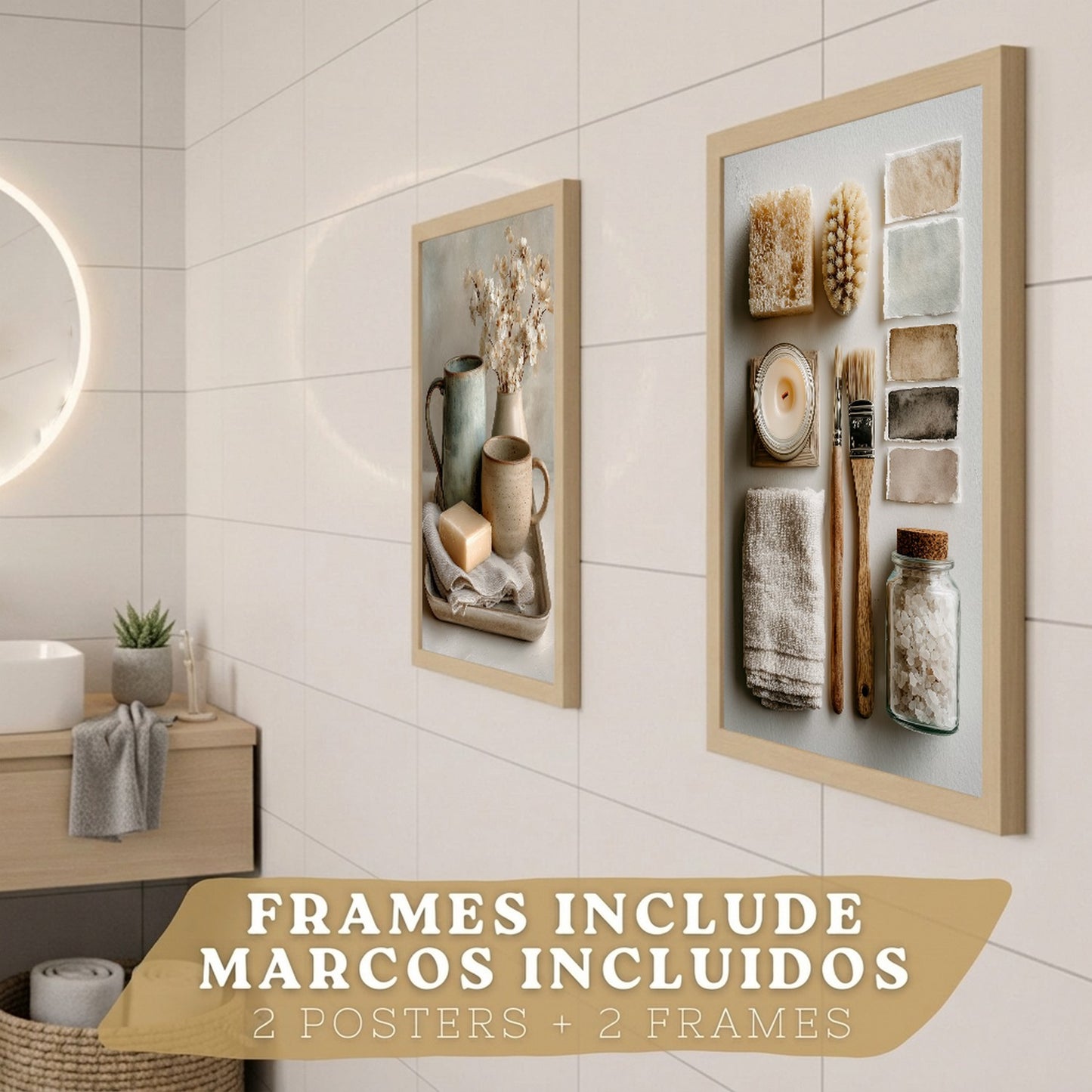 Juego de 2 Laminas Decorativas para Pared de Baño Cuadros y Poster para Lavabo Ducha WC y Aseo con Jabon Tazas Flores y Accesorios Estilo Natural Artistico