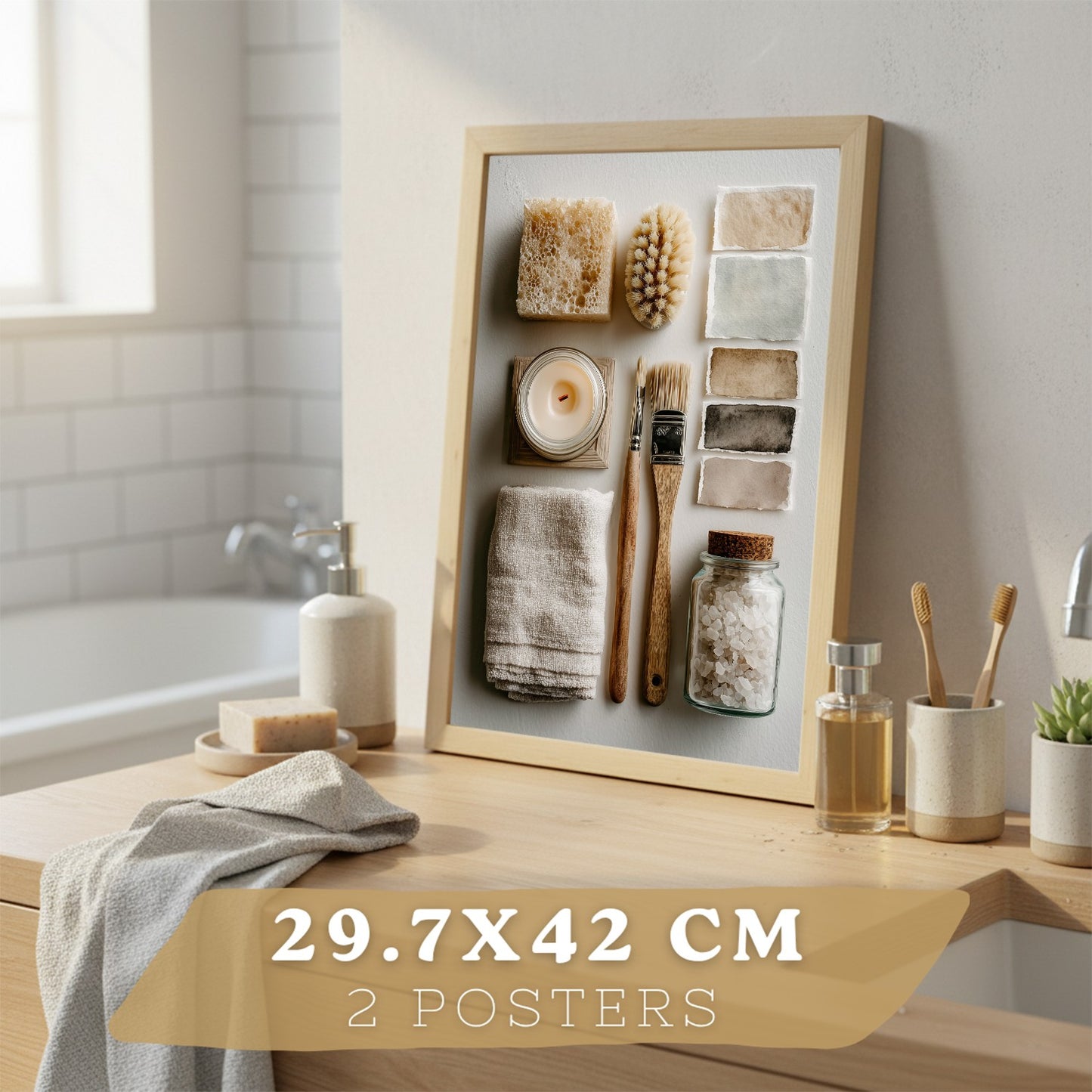 Juego de 2 Laminas Decorativas para Pared de Baño Cuadros y Poster para Lavabo Ducha WC y Aseo con Jabon Tazas Flores y Accesorios Estilo Natural Artistico
