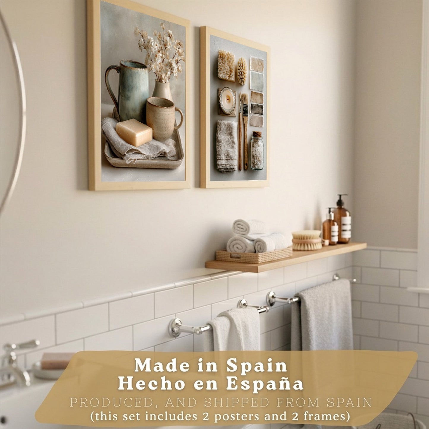 Juego de 2 Laminas Decorativas para Pared de Baño Cuadros y Poster para Lavabo Ducha WC y Aseo con Jabon Tazas Flores y Accesorios Estilo Natural Artistico