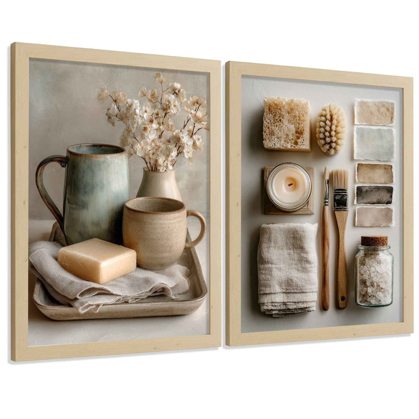 Juego de 2 Laminas Decorativas para Pared de Baño Cuadros y Poster para Lavabo Ducha WC y Aseo con Jabon Tazas Flores y Accesorios Estilo Natural Artistico