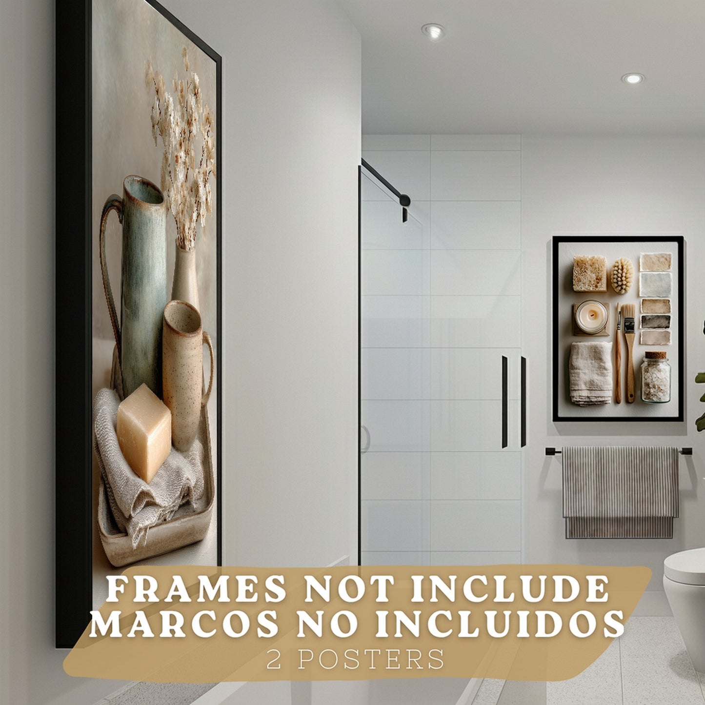 Juego de 2 Laminas Decorativas para Pared de Baño Cuadros y Poster para Lavabo Ducha WC y Aseo con Jabon Tazas Flores y Accesorios Estilo Natural Artistico